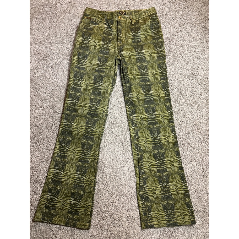 Vintage XOXO Jeans Green Snakeskin Print Pants Gold Metallic Y2K Size 7/8 USA